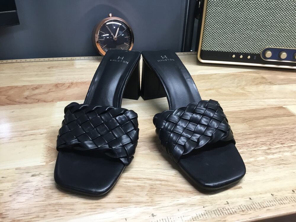 H Halston Women's 9 Black Vegan Leather Slip-On Open-Toe Braided Heel Sandals